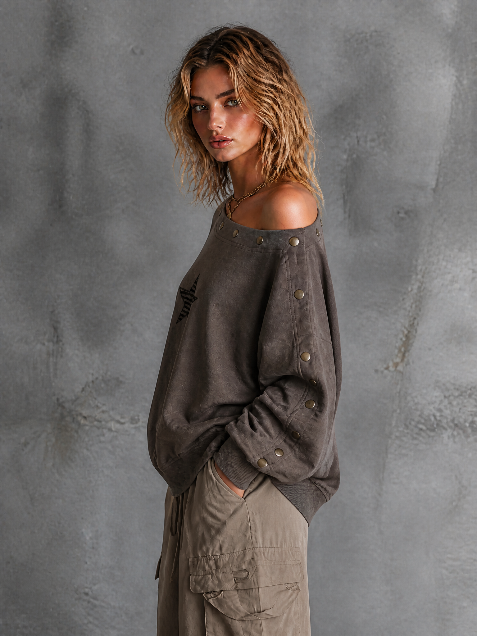 ElevenOra Chic Casual Charcoal Grey Off Shoulder Buttons Trim Star Embroidery Long Sleeve Loose-Fit French Terry Sweatshirt