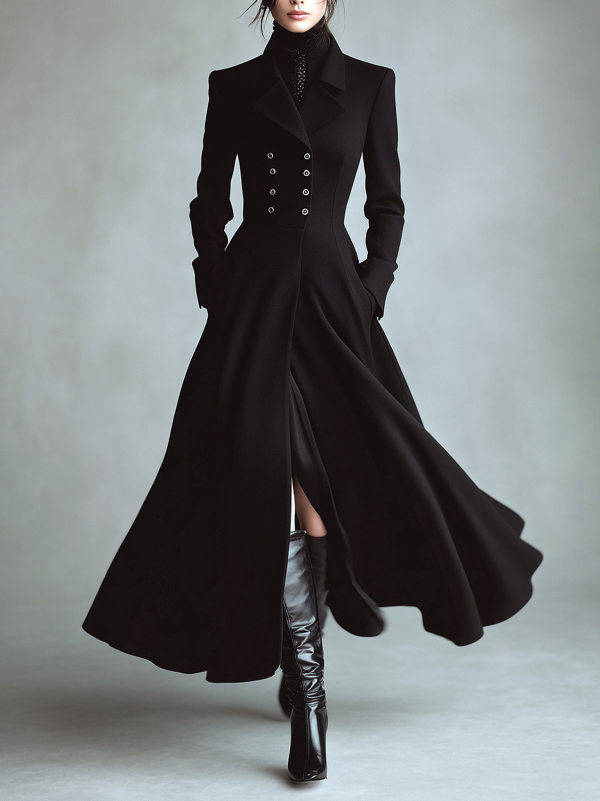 ElevenOra Elegant Vintage Wool Blend Lapel Double-Breasted Tailored Waist Maxi Dress Coat