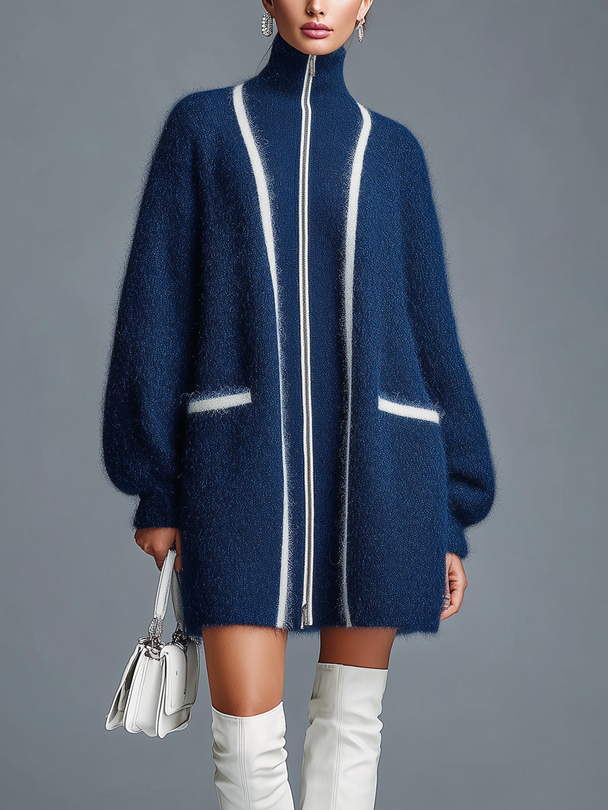 ElevenOra Chic Vintage Navy Blue Stand Collar Zipper-Front Lantern Sleeve Contrast Trim Details Oversized Cardigan