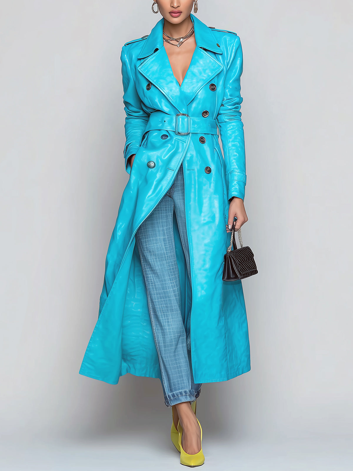ElevenOra Chic Vintage Turquoise Faux Leather Lapel Double-Breasted Belted Long Trench Coat
