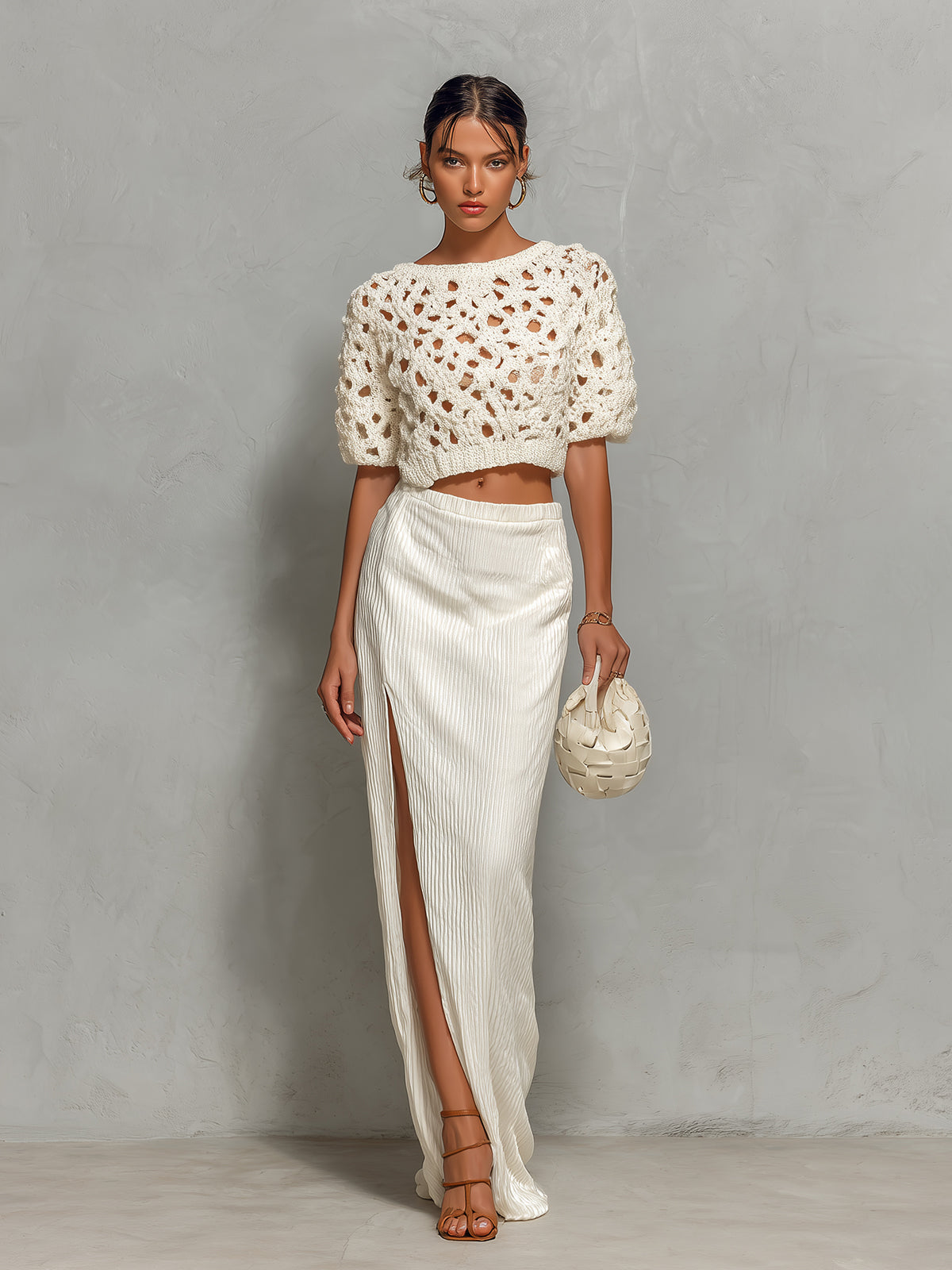 ElevenOra Chic Elegant Cream White Round Neck Half Sleeve Loose-Fit Hollow Out Cropped Top Striped Side-Slit Maxi Skirt Two-Piece Set