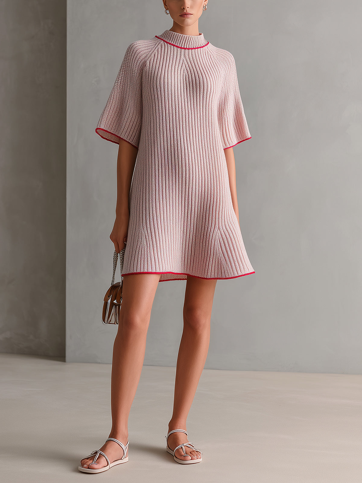 ElevenOra Chic Elegant Pink Mock Neck Contrast Trim Detail Short-Sleeve Loose-Fit A-Line Ribbed Knit Mini Dress