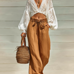 ElevenOra Chic Elegant White V-neck Lantern Sleeves Lace Top Camel Tie Waist Wide-Leg Pants Cotton Two-Piece Set