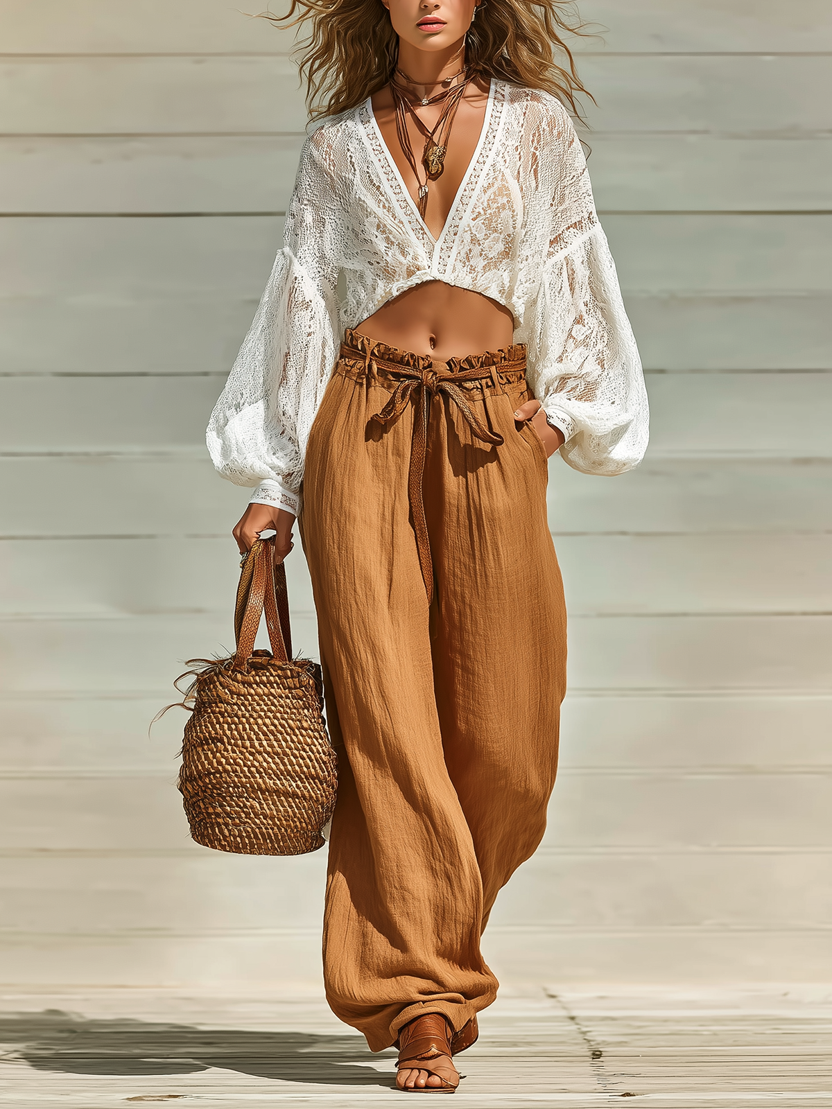 ElevenOra Chic Elegant White V-neck Lantern Sleeves Lace Top Camel Tie Waist Wide-Leg Pants Cotton Two-Piece Set