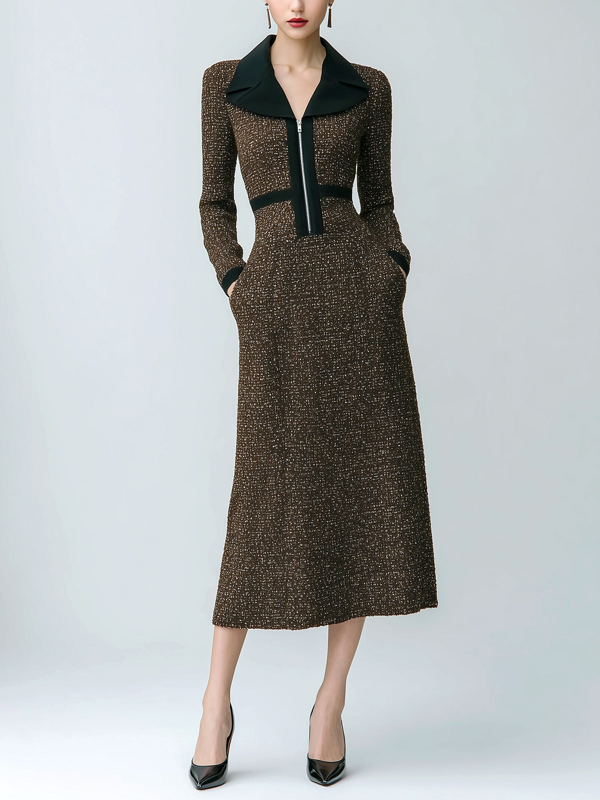 ElevenOra Casual Office Colorblock Tweed Patchwork Notched Lapel Tailored Long Sleeve Midi Dress