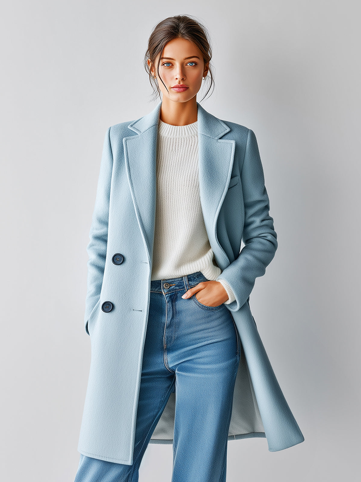ElevenOra Elegant Vintage Light Blue Wool Blend Lapel Double-Breasted Mid-Length Warm Coat