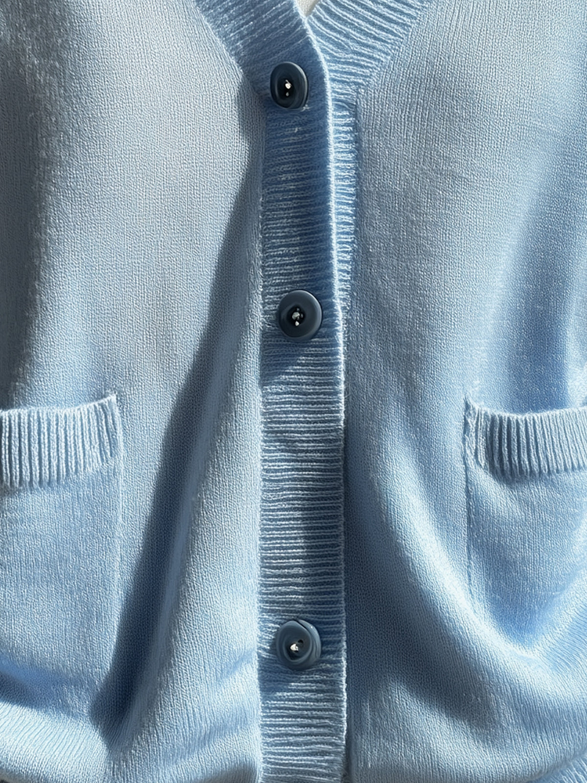 ElevenOra Casual Light Blue V-Neck Single-Breasted Double Pocket Slouchy Knit Cardigan