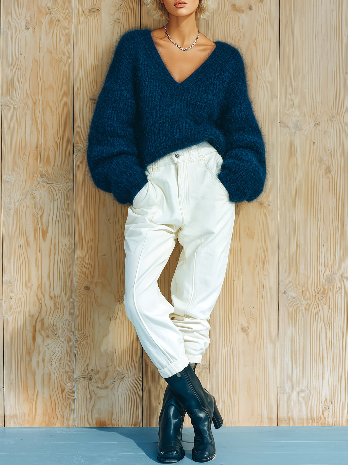 ElevenOra Casual Vintage Navy Blue Deep V-Neck Chunky Knit Slouchy Fuzzy Sweater