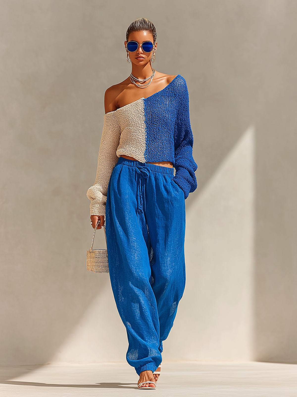 ElevenOra Chic Elegant Royal Blue-Beige Colorblock One-Shoulder Long-Sleeve Sweater Top Linen Cotton Cuffed Pants Two-Piece Set