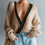ElevenOra Chic Elegant Camel Colorblock Deep V-Neck Cross-Front Long Sleeve Loose-Fit Knit Sweater