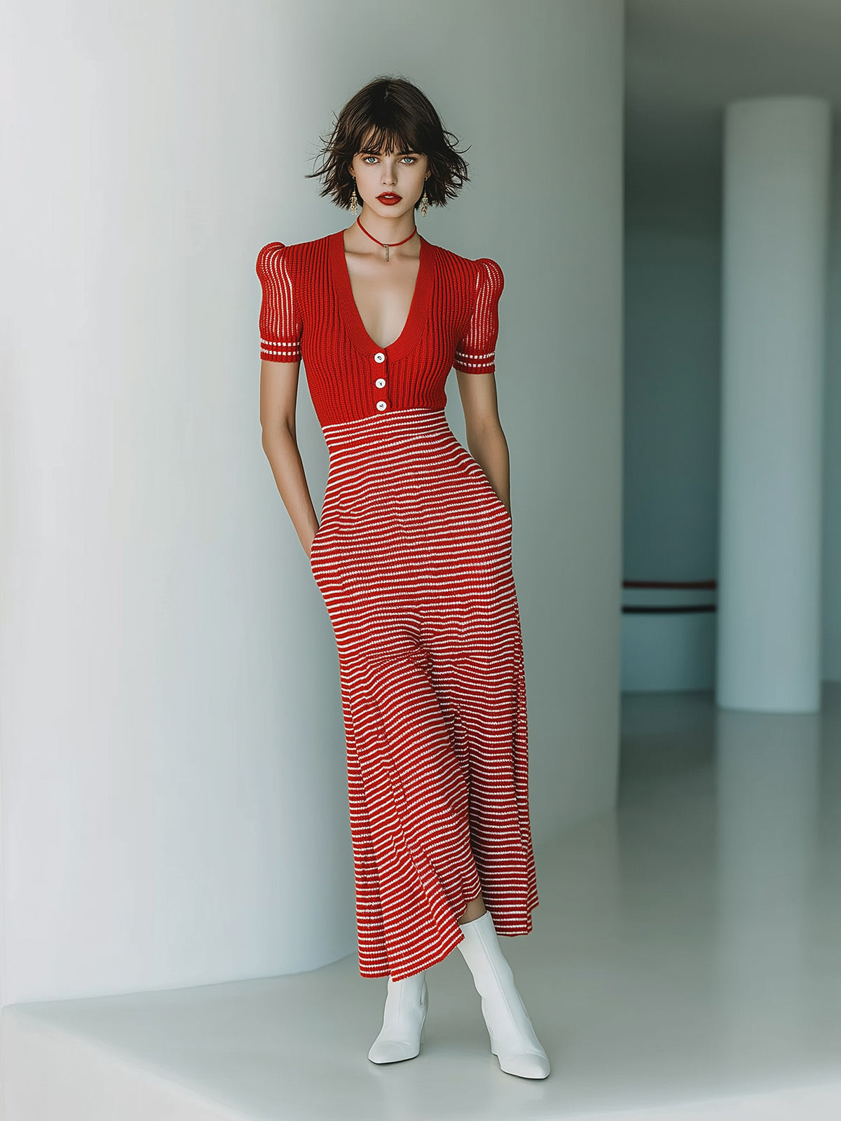 ElevenOra Chic Elegant Red Stripes Patchwork V-Neck Short-Sleeve Lace Detail Tailored Waist A-Line Hem Knit Maxi Dress