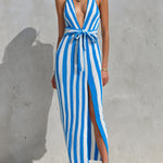 ElevenOra Chic Elegant Royal Blue-White Stripes Halter Deep V-Neck Sleeveless Tie-Waist Slit Detail Knit Maxi Dress