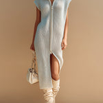 ElevenOra Chic Casual Beige Hooded Zipper-Placket Dropped Shoulder Sleeveless Loose Ribbed Knit Midi Dress