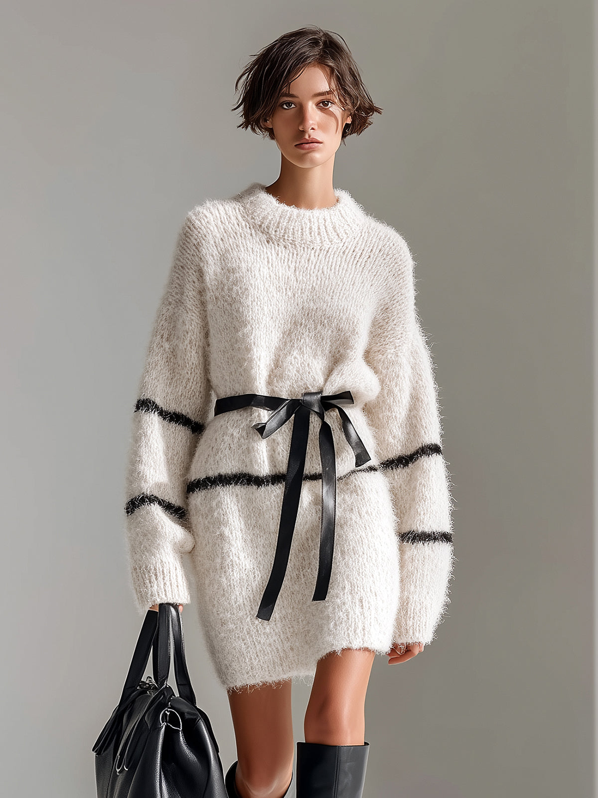 ElevenOra Chic Casual Cream White Striped Round Neck Long Sleeve Belted Oversized Fuzzy Knit Mini Dress