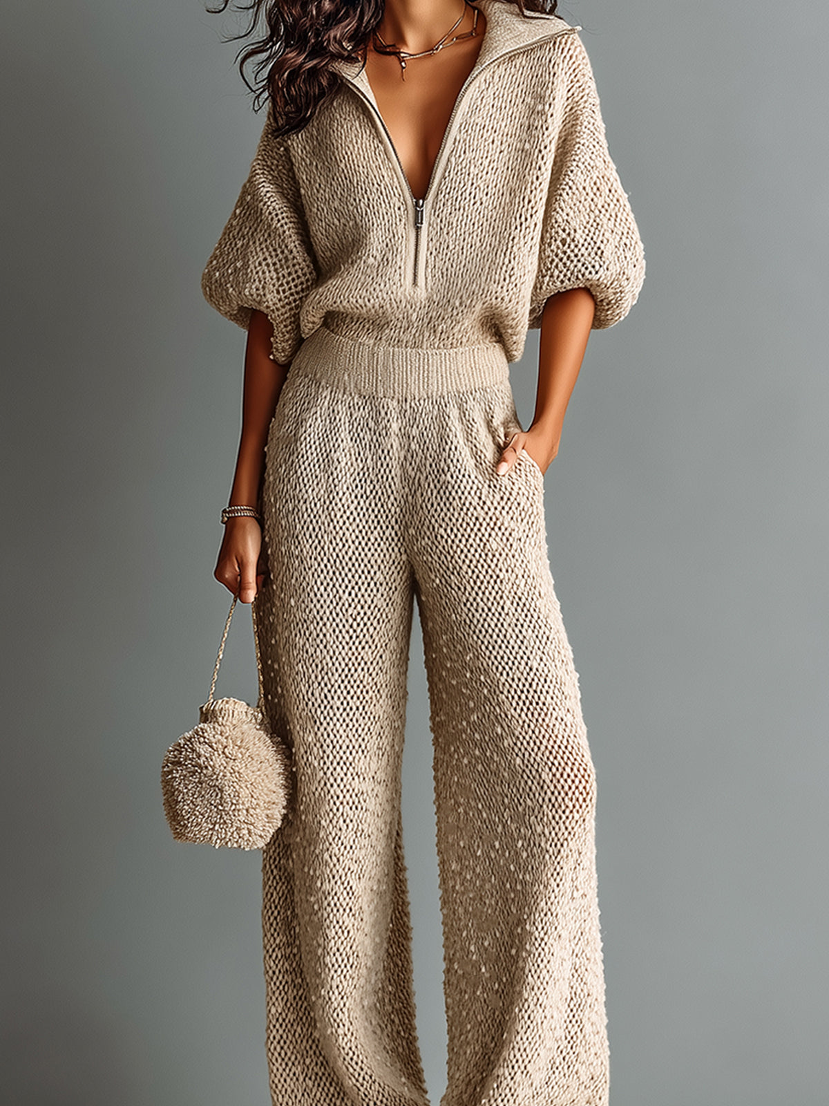 ElevenOra Chic Elegant Camel Zipper-Up Lapel Collar Half-Sleeve Loose-Fit Sweater Wide-Leg Pants Knit Two-Piece Set