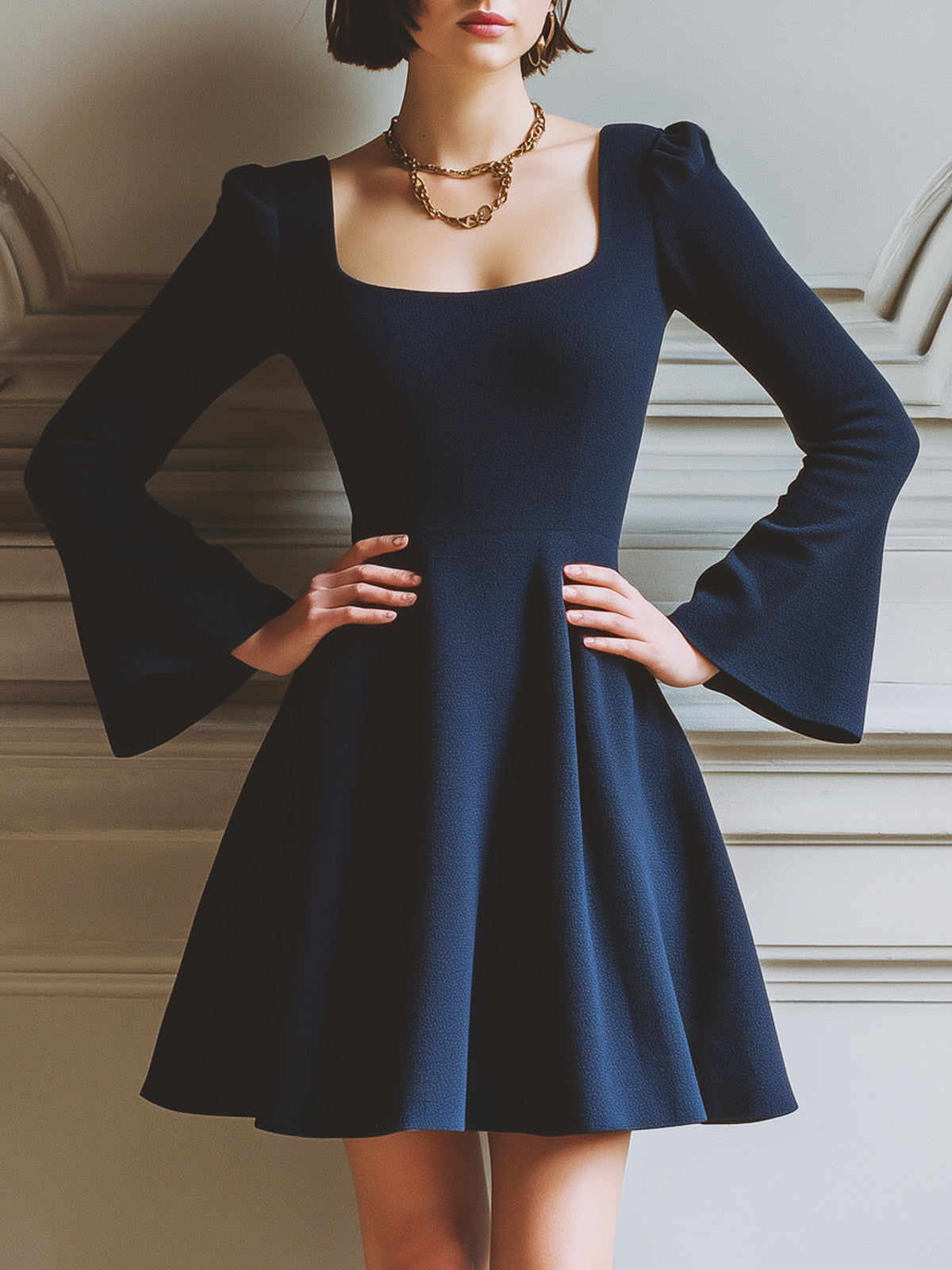 ElevenOra Vintage Elegant Square Neck Puff Flared Long Sleeves A-Line Knit Mini Dress