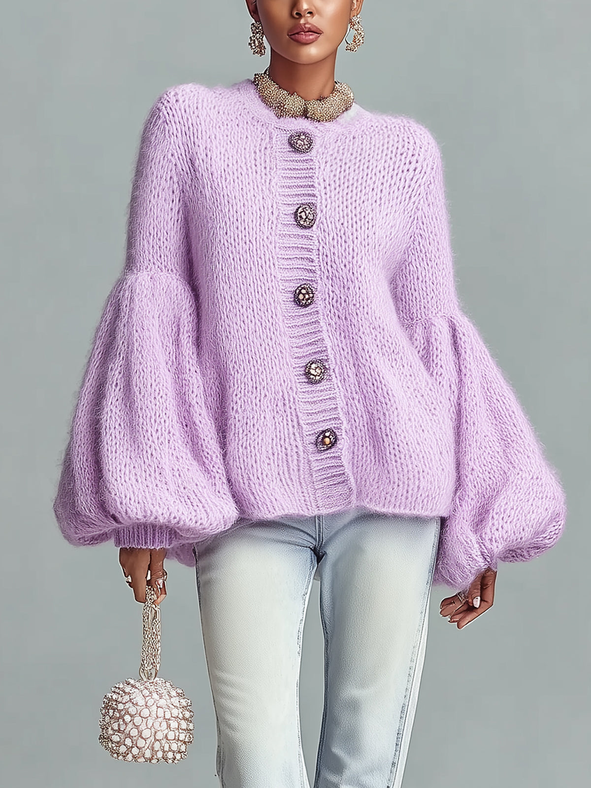 ElevenOra Chic Vintage Lavender Crew Neck Button Details Oversized Bell Sleeve Fuzzy Knit Cardigan