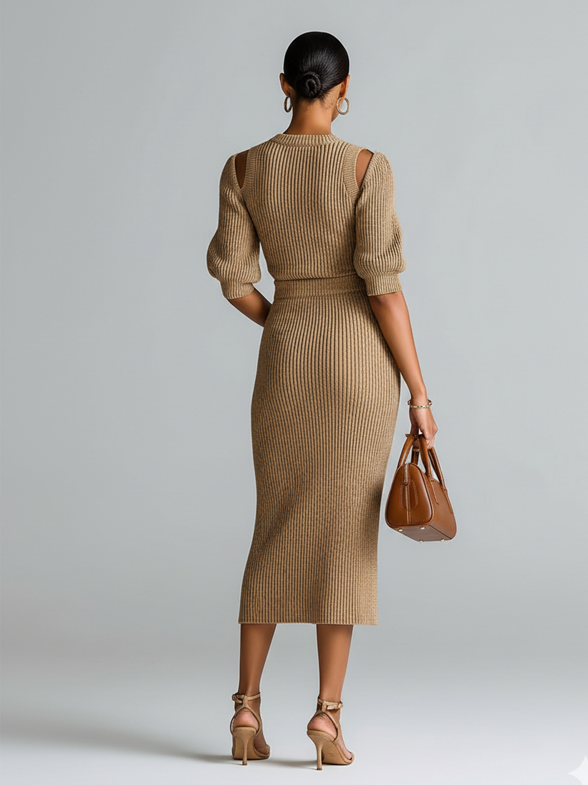 ElevenOra Stylish Elegant Camel Crew Neck Slim-fit Short-sleeved Cutout Sweater Top Side-Slit Pencil Skirt Ribbed Knit Two-Piece Set