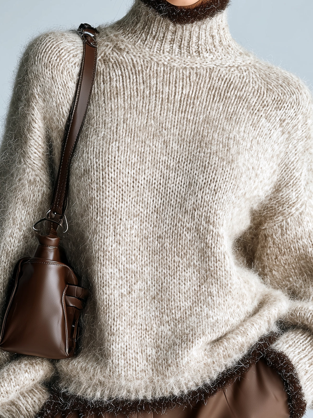 ElevenOra Chic Casual Mock Neck Contrast Trim Oversized Long Lantern Sleeve Knit Sweater Top