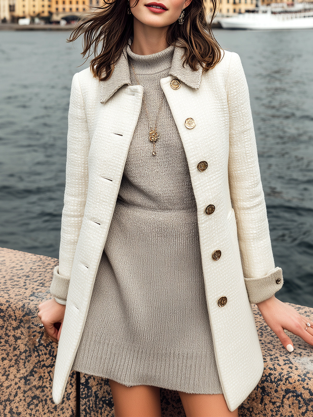 ElevenOra Vintage Elegant Contrast Stitching Tweed Lapel Single-Breasted Slim Mid-Length Coat