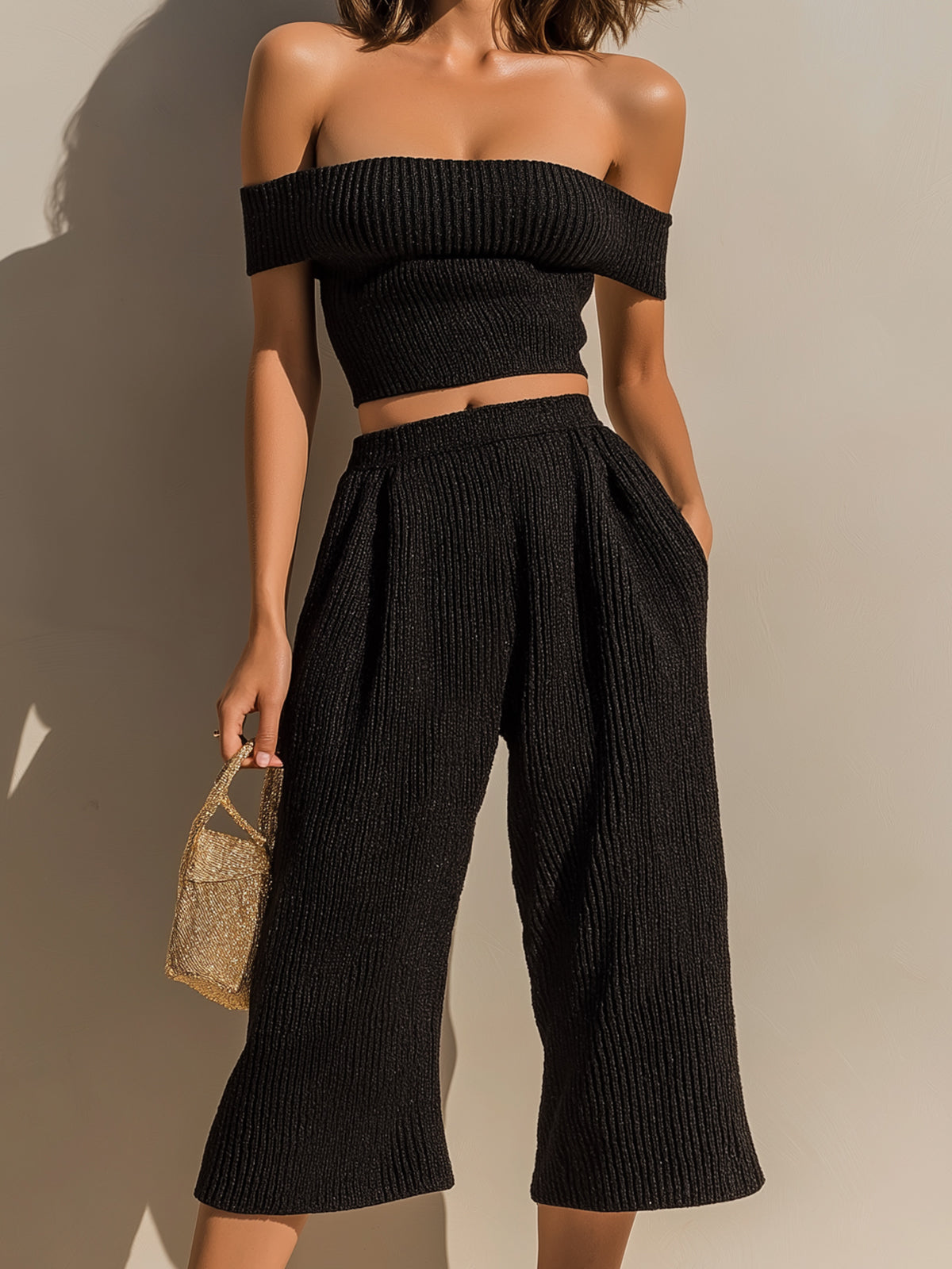 ElevenOra Chic Elegant Black Off-The-Shoulder Slim-Fit Cropped Top Wide-Leg Cropped Pants Ribbed Knit Two-Piece Set
