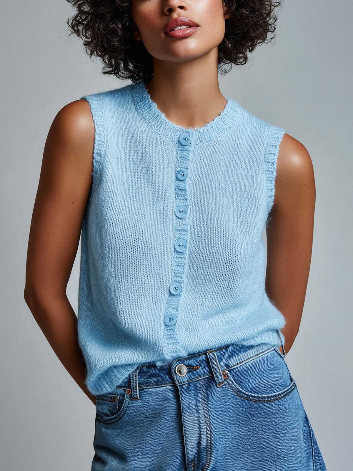 ElevenOra Chic Vintage Light Blue Round-Neck Sleeveless Single-Breasted Loose-Fit Knit Vest Top