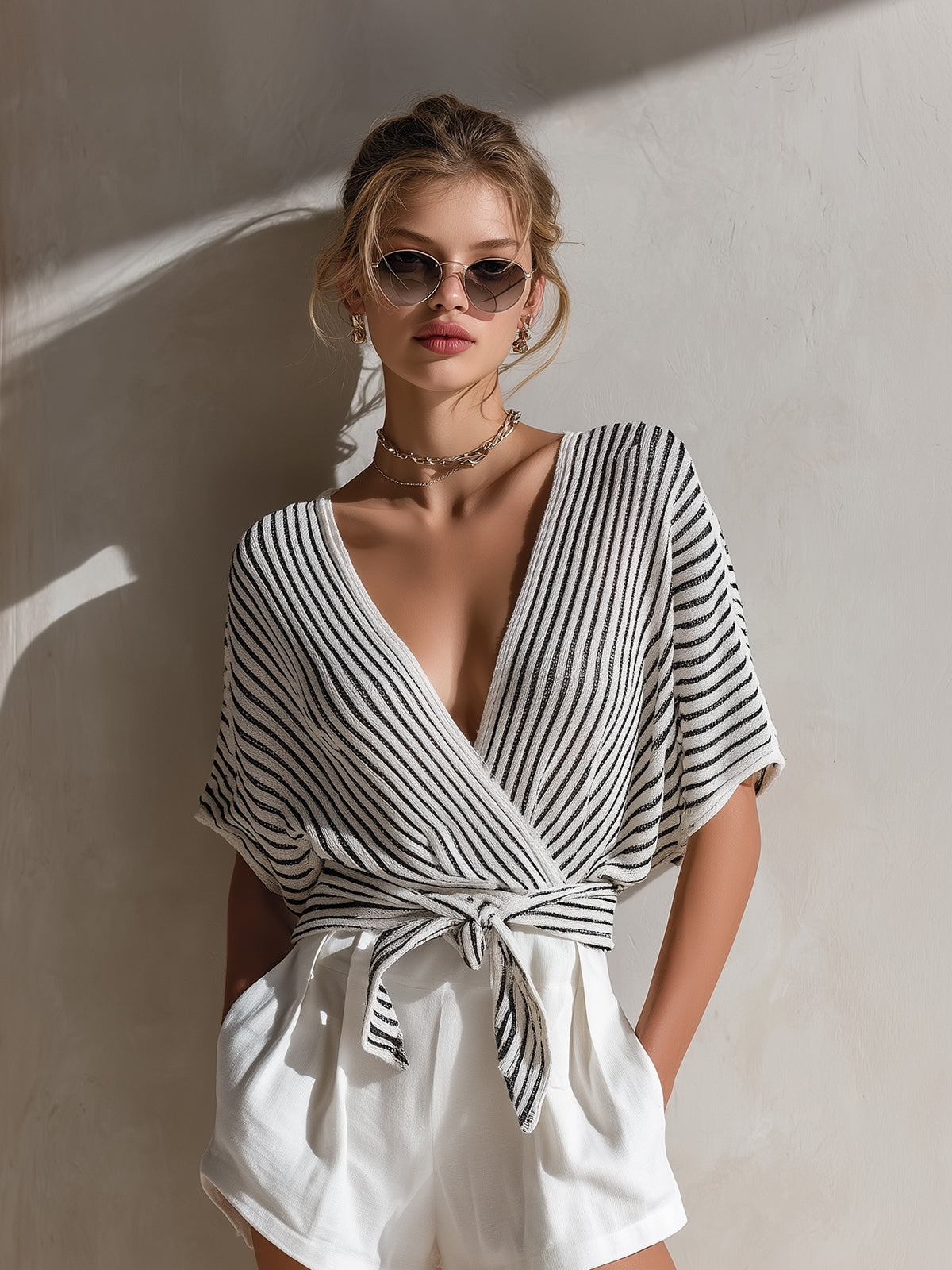 ElevenOra Chic Elegant Black-White Pinstripe Cross V-Neck Short-Sleeve Tie Waist Loose Fit Knit Sweater Top