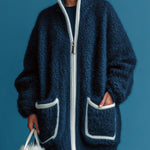 ElevenOra Chic Casual Navy Stand Collar Zipper-Front Patch Pocket Long-Sleeve Oversized Knit Cardigan