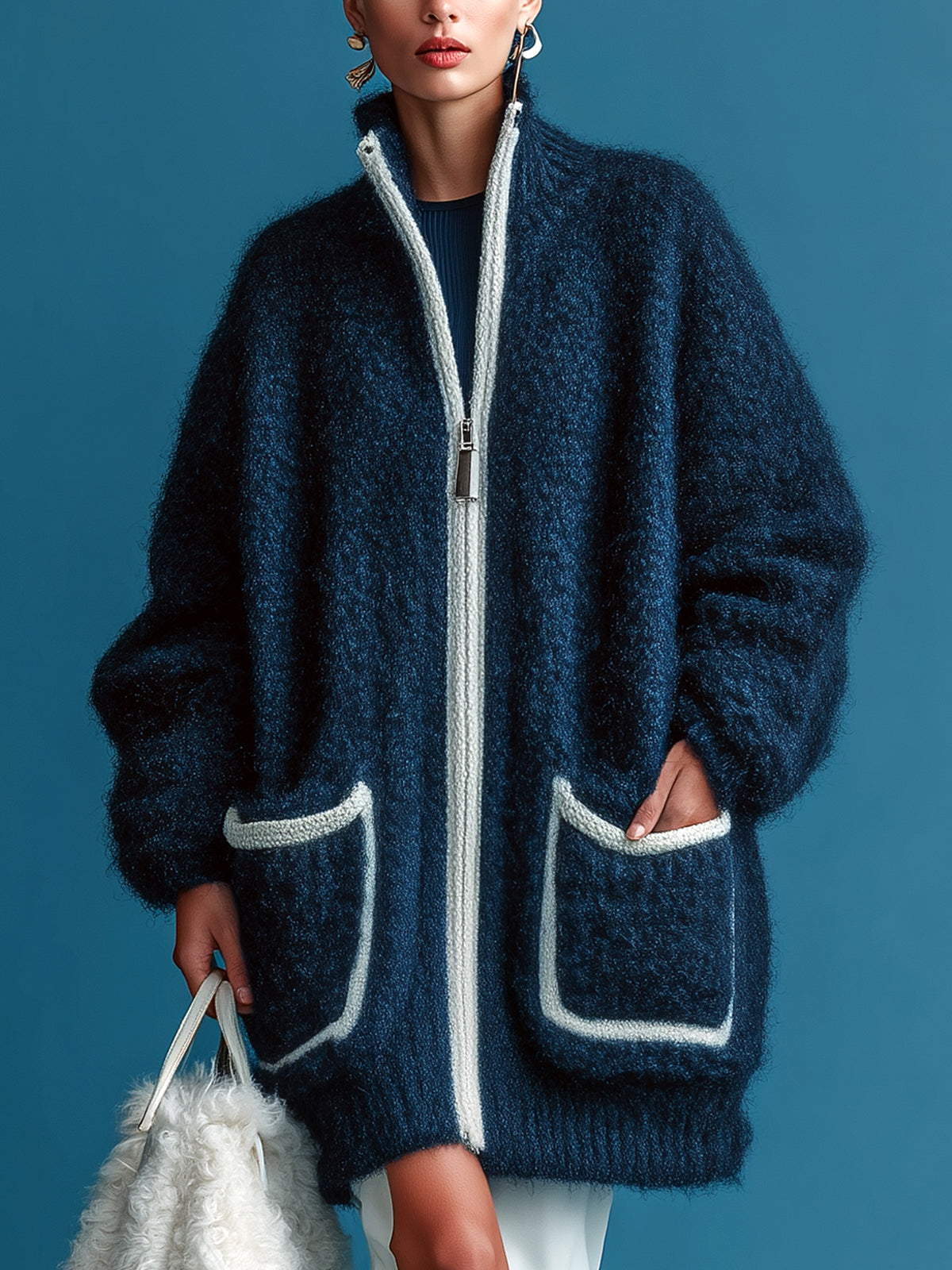 ElevenOra Chic Casual Navy Stand Collar Zipper-Front Patch Pocket Long-Sleeve Oversized Knit Cardigan