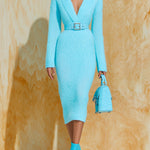 ElevenOra Chic Elegant Baby Blue Shawl Collar Tailored Belted Long-sleeved Knitted Midi Dress