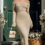 ElevenOra Elegant Off Shoulder Long Sleeve Fitted Knit Sweater With Bodycon Midi Skirt Two-Piece Set