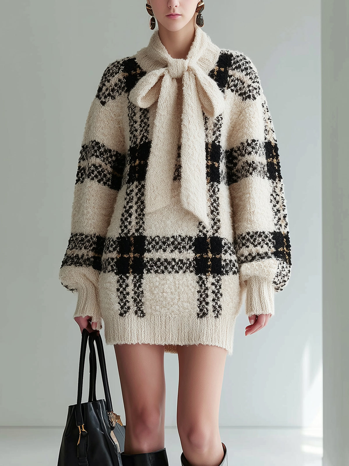 ElevenOra Chic Vintage Beige Plaid Bow Collar Lantern Sleeve Oversized Knit Mini Dress