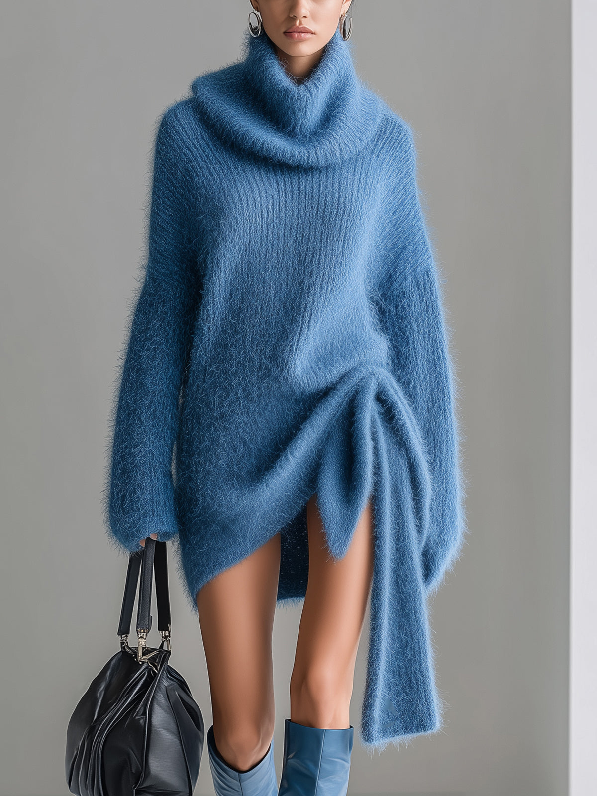 ElevenOra Chic Vintage Dark Blue Turtleneck Long Sleeve Oversized Knot Detail Knit Mini Dress