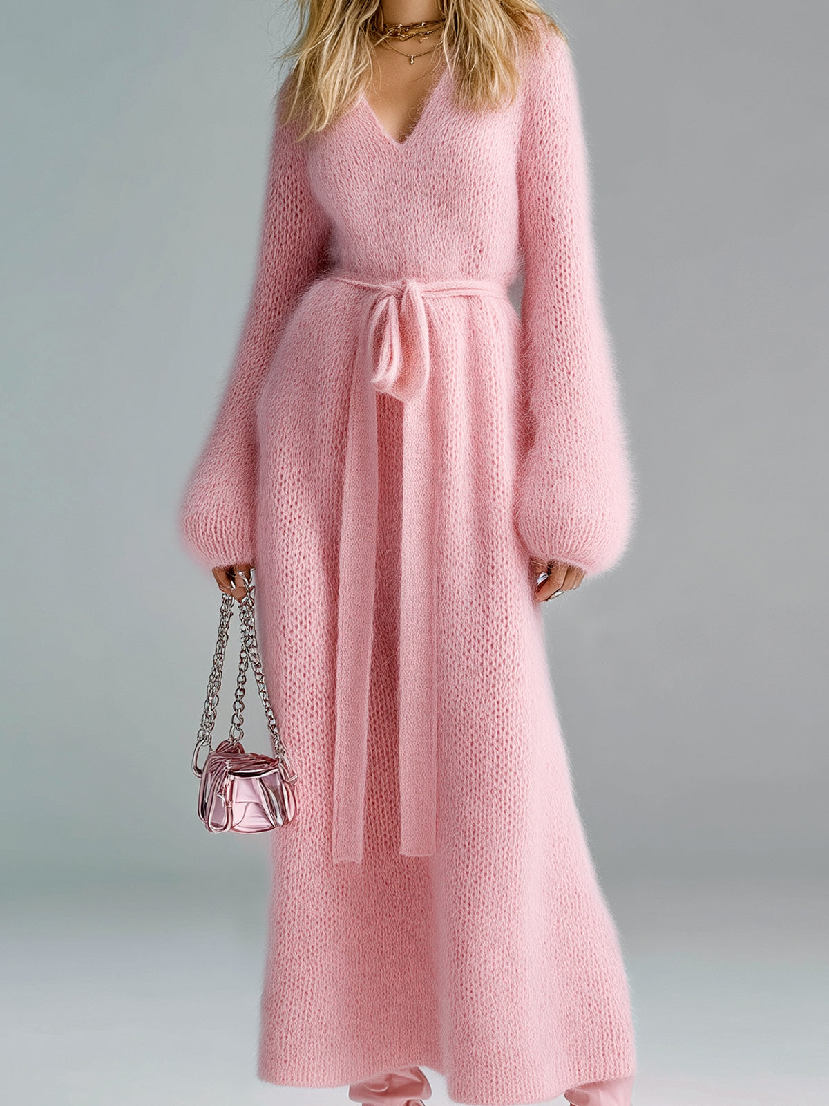 ElevenOra Chic Elegant Pink V-Neck Long Lantern Sleeve Loose Tie-Waist Fuzzy Mohair Knit Maxi Dress