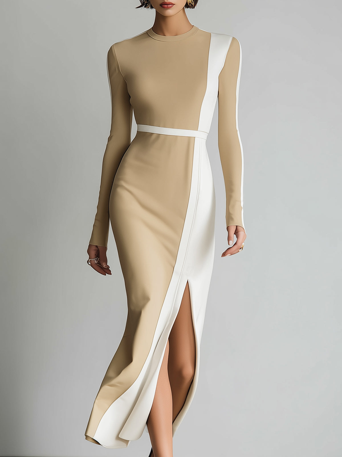 ElevenOra casual Office Colorblock Cotton Blend Round Neck Slim Slit Long Sleeve Maxi Dress