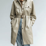ElevenOra Chic Casual Light Khaki Faux Leather Utility-Style Lapel Single Breasted Belted Mid-Length Coat