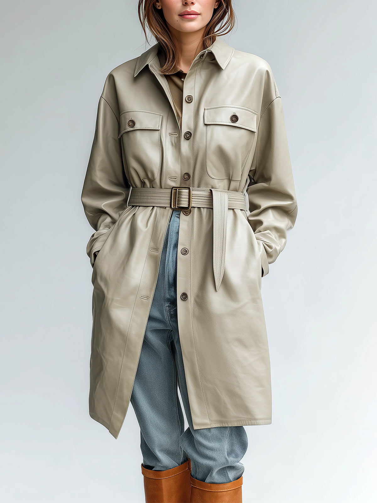 ElevenOra Chic Casual Light Khaki Faux Leather Utility-Style Lapel Single Breasted Belted Mid-Length Coat