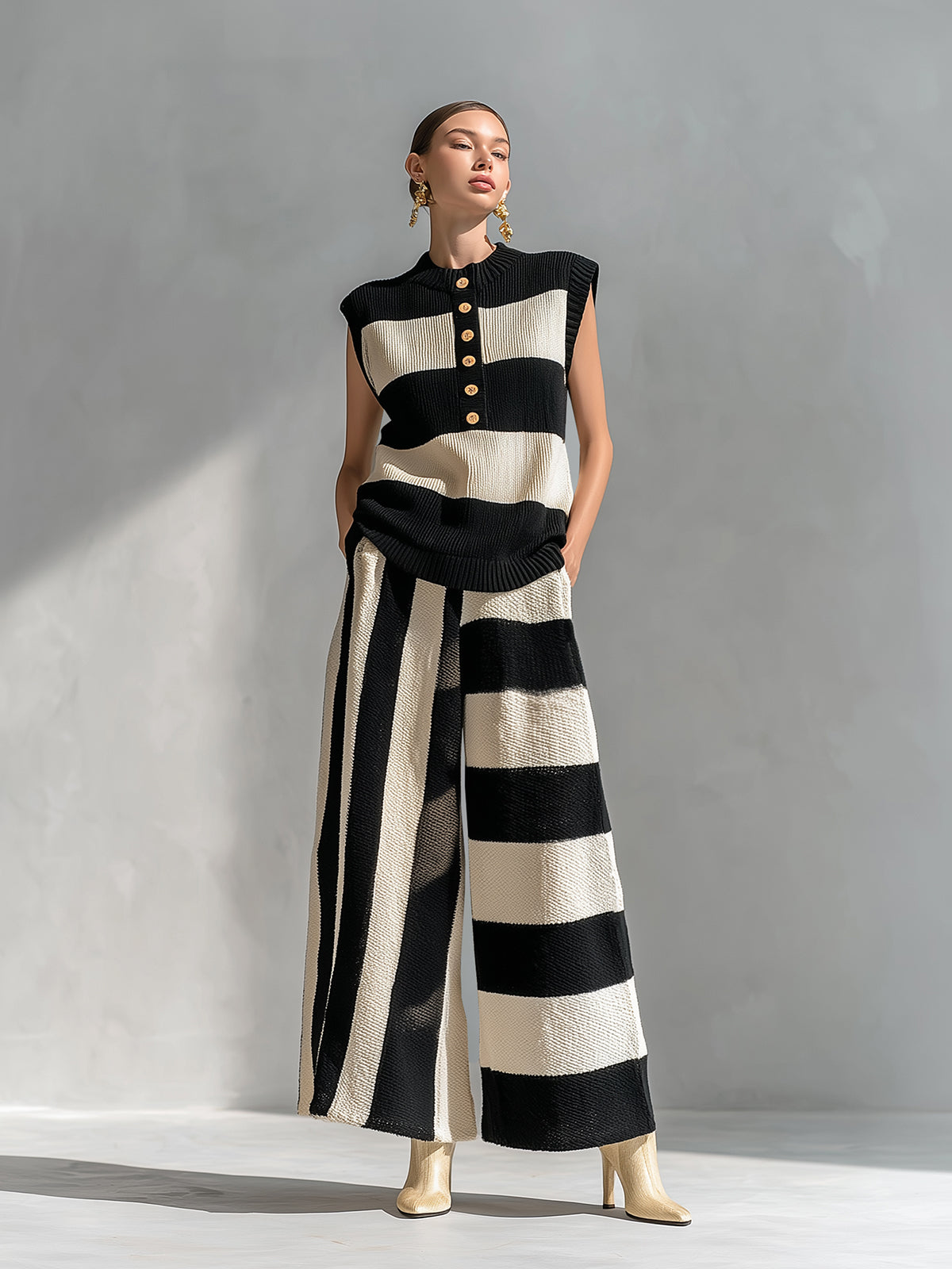 ElevenOra Chic Elegant Black-Beige Stripes Round-Neck Sleeveless Oversize Vest Loose-Fit Wide-Leg Pants Ribbed Knit Two-Piece Set