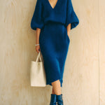 ElevenOra Chic Elegant Royal Blue V-Neck Half Sleeve Oversized Sweater Ribbed Hem Midi Skirt Knit Two-Piece Set