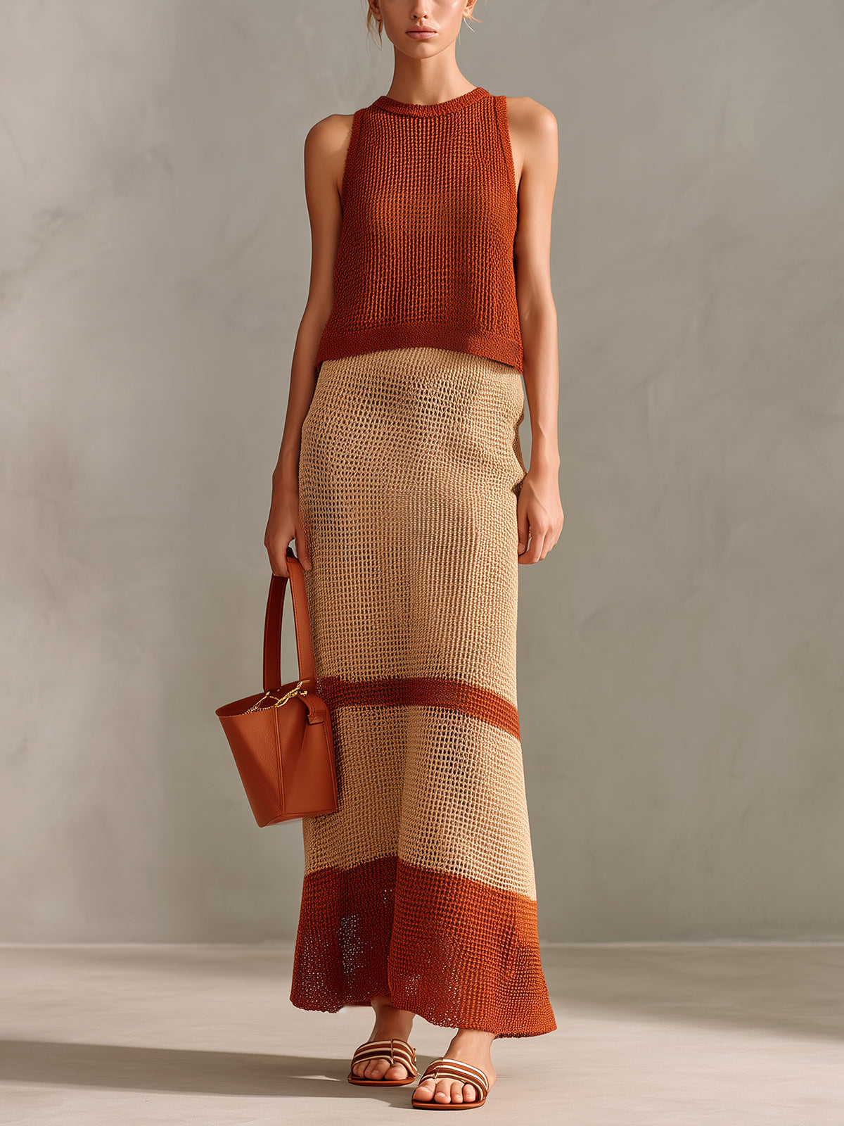 ElevenOra Chic Elegant Caramel-Beige Colorblock Round Neck Sleeveless Vest A-Line Maxi Skirt Knit Two-Piece Set