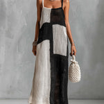 ElevenOra Chic Elegant Black-White Colorblock Spaghetti-Strap Square-Neck Sleeveless Loose-Fit Hollow-Knit Maxi Dress