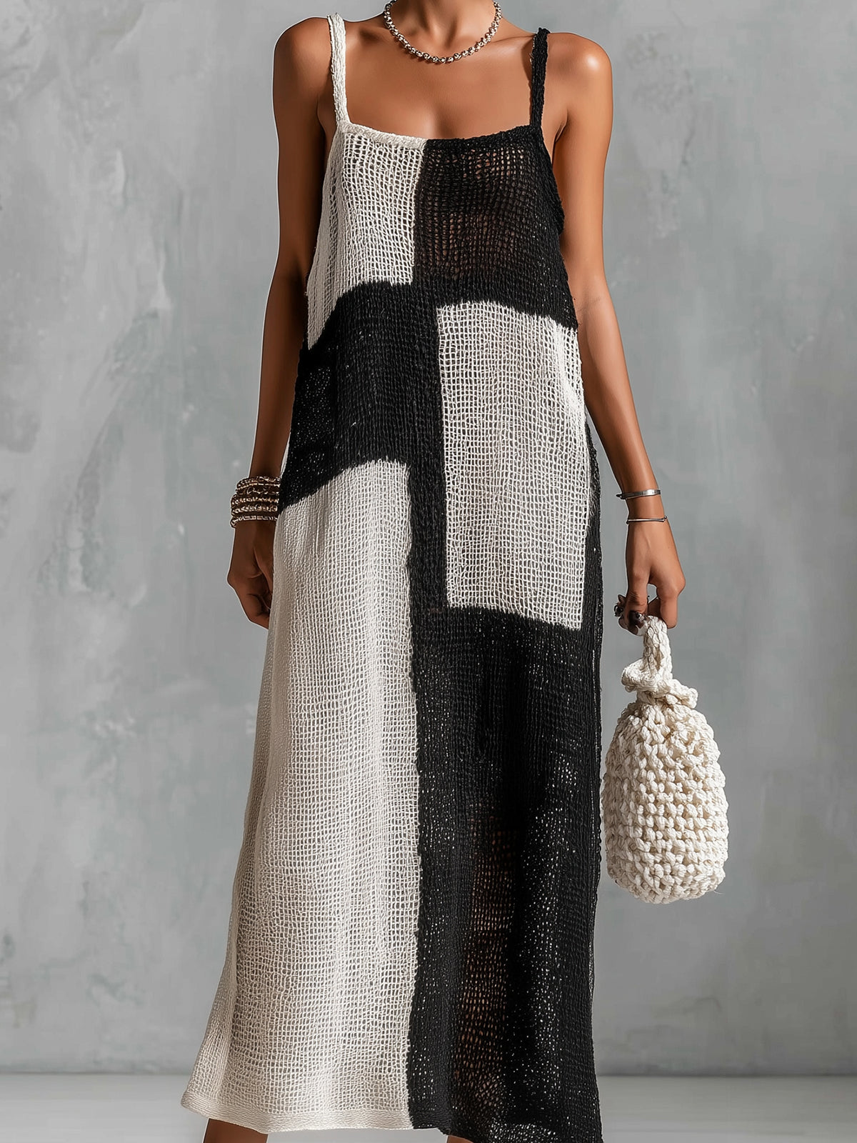 ElevenOra Chic Elegant Black-White Colorblock Spaghetti-Strap Square-Neck Sleeveless Loose-Fit Hollow-Knit Maxi Dress