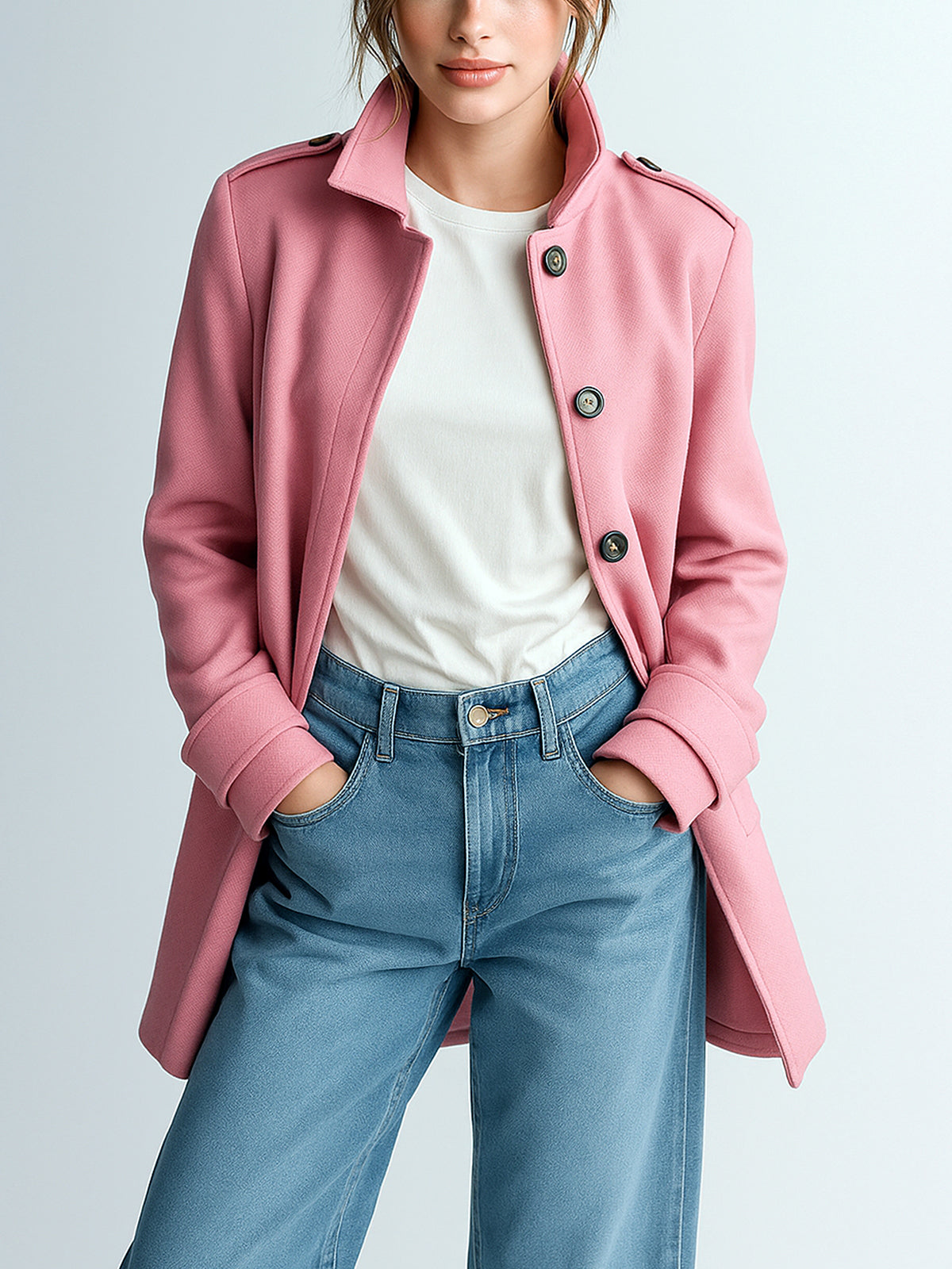 ElevenOra Chic Vintage Pink Wool Blend Lapel Epaulettes Single-Breasted Fitted Mid-Length Coat