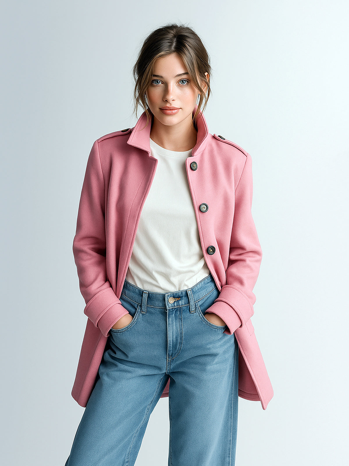 ElevenOra Chic Vintage Pink Wool Blend Lapel Epaulettes Single-Breasted Fitted Mid-Length Coat