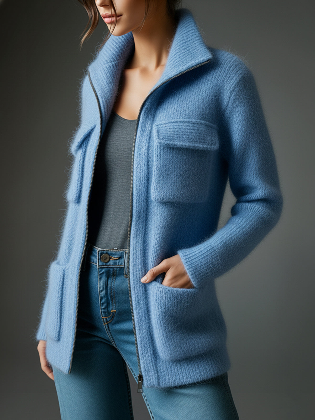 ElevenOra Chic Casual Blue Lapel Zipper-Front Multi-Pocket Long-Sleeve Loose Fuzzy Knit Mid-Length Cardigan