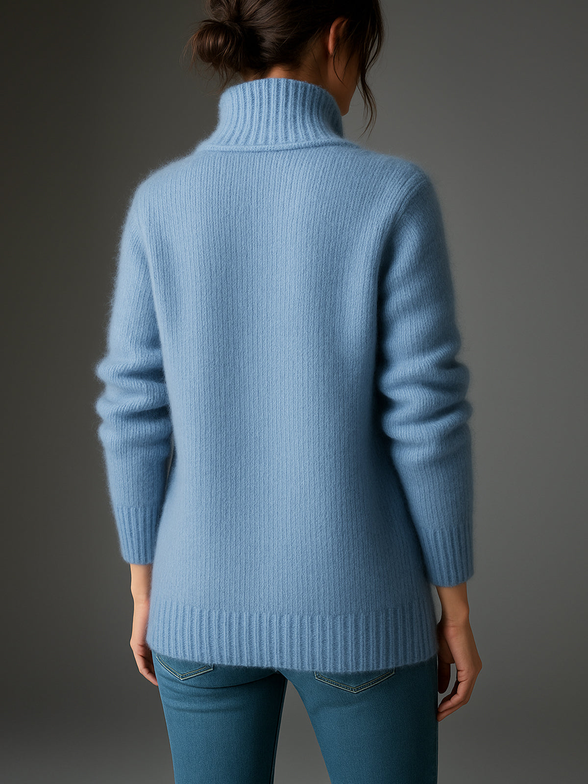 ElevenOra Chic Casual Blue Lapel Zipper-Front Multi-Pocket Long-Sleeve Loose Fuzzy Knit Mid-Length Cardigan