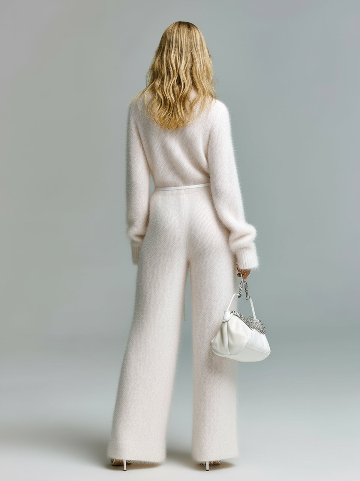 ElevenOra Chic Vintage Ivory Zipper-Up Stand Collar Belted Long Sleeve Loose-Fit Wide-Leg Fuzzy Knit Jumpsuit