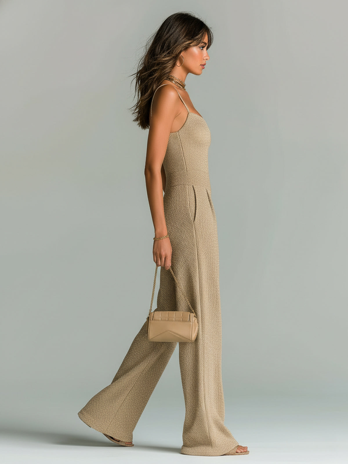 ElevenOra Chic Casual Camel Strappy Sleeveless Tailored Waist Wide Leg Ribbed Knit Jumpsuit