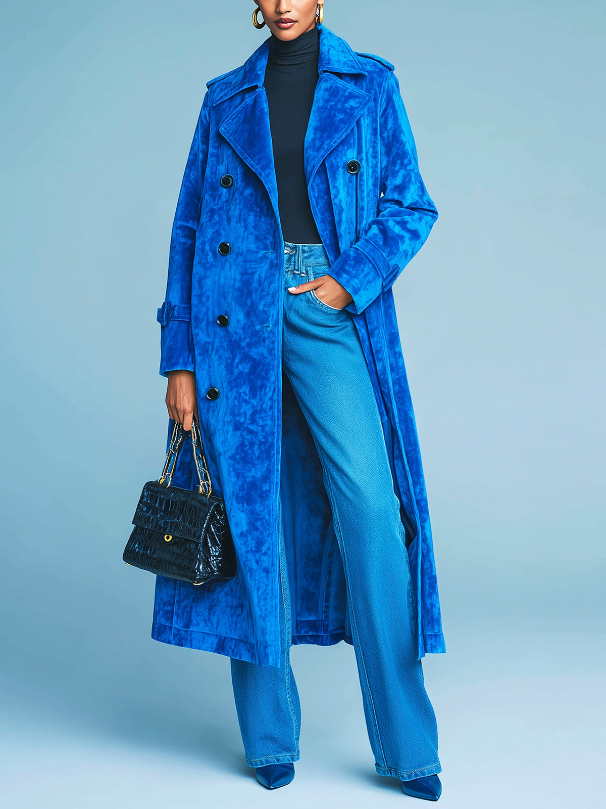 ElevenOra Chic Vintage Royal Blue Velvet Lapel Double-Breasted Long Trench Coat