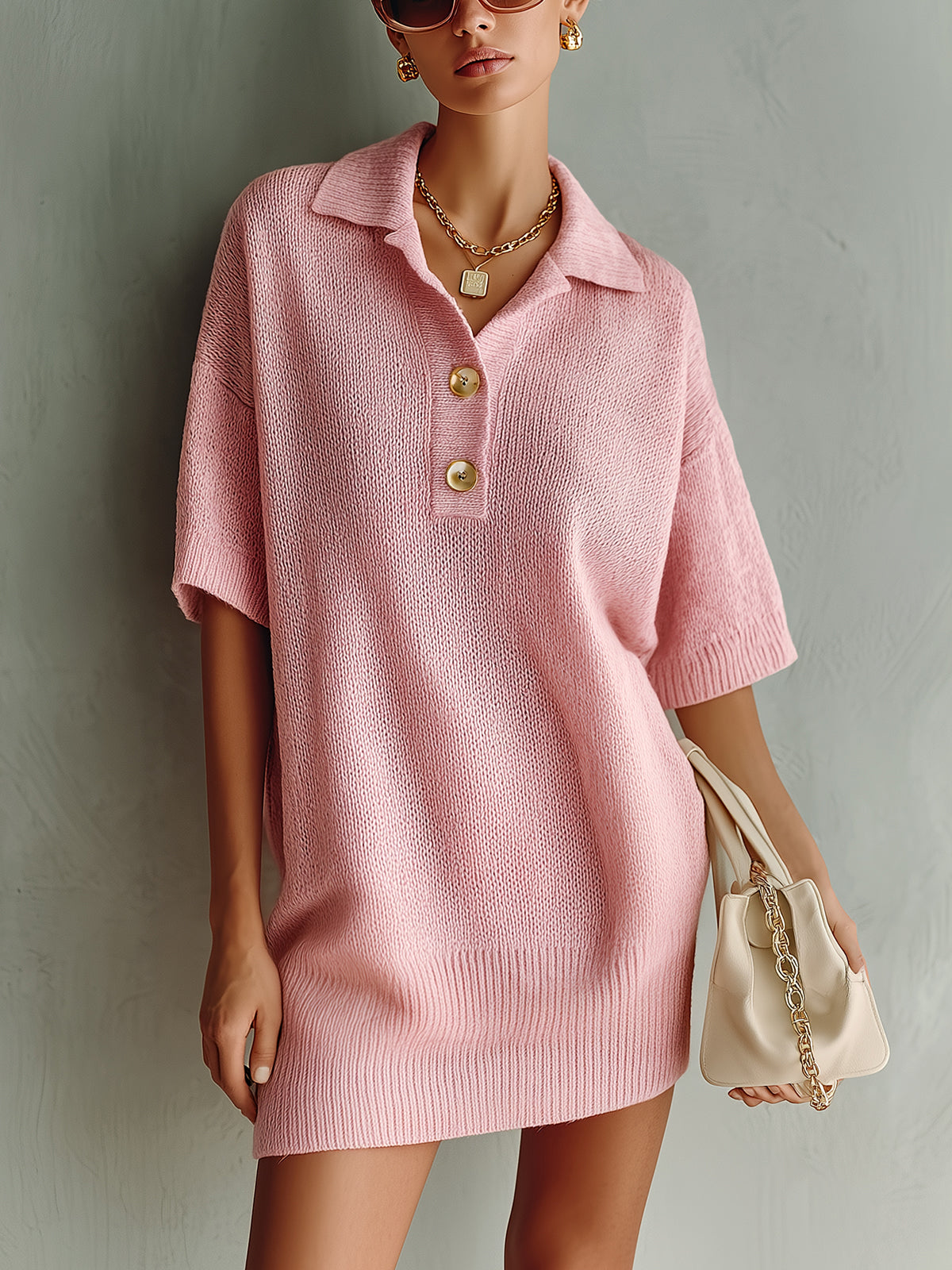 ElevenOra Chic Elegant Pink Button-Up Lapel Collar Short-Sleeve Oversize Knit Mini Dress